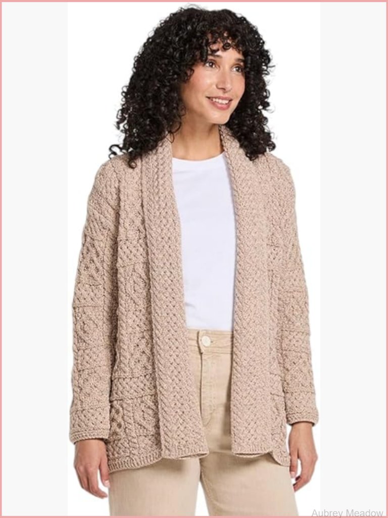 100% Merino Wool Shawl Collar Cardigan - Open Front Irish Cable Knit